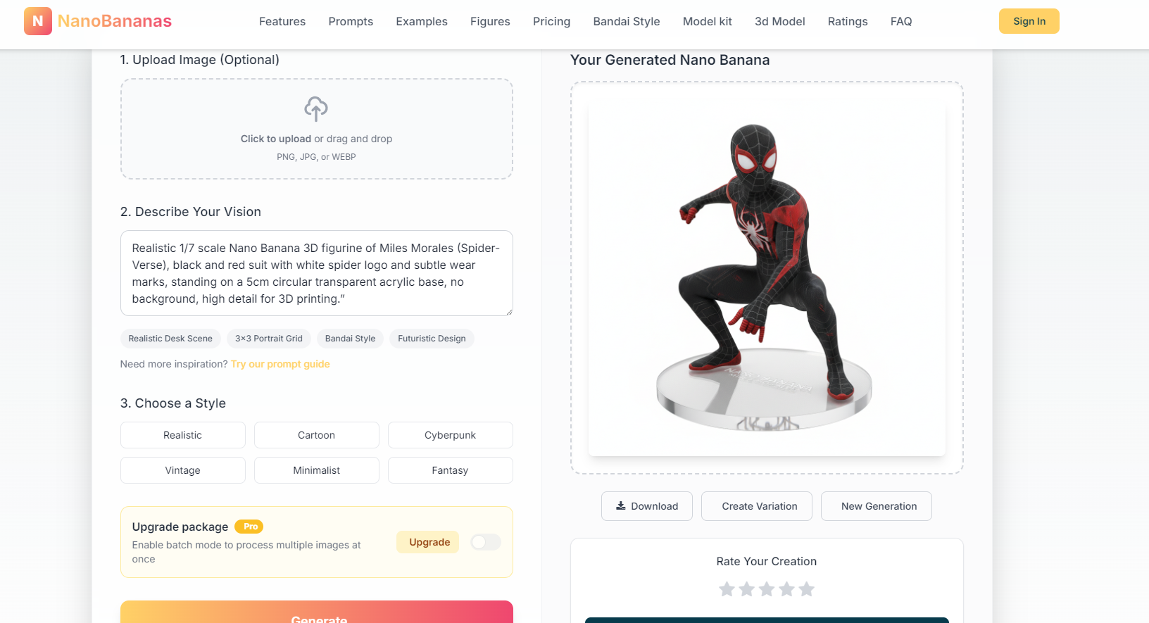 Realistic 1/7 scale Nano Banana 3D figurine of Miles Morales (Spider-Verse), black and red suit with white spider logo and subtle wear marks, standing on a 5cm circular transparent acrylic base, no background, high detail for 3D printing.